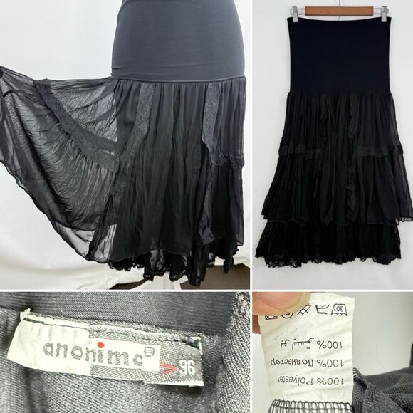 Anonima Black Layered Boho Lace Trim Skirt Size 36 Romantic Gothic Style - Picture 15 of 16